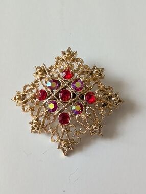Gold-Tone Red Crystal Filigree Brooch